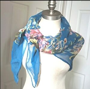 VINTAGE Square Scarf Blue Pink Yellow Floral